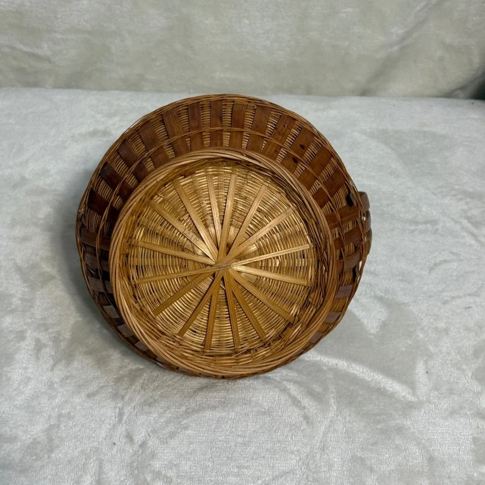 Vintage Small Brown Woven Basket with Handle Round Bulbous Rustic Farmhouse 90s
